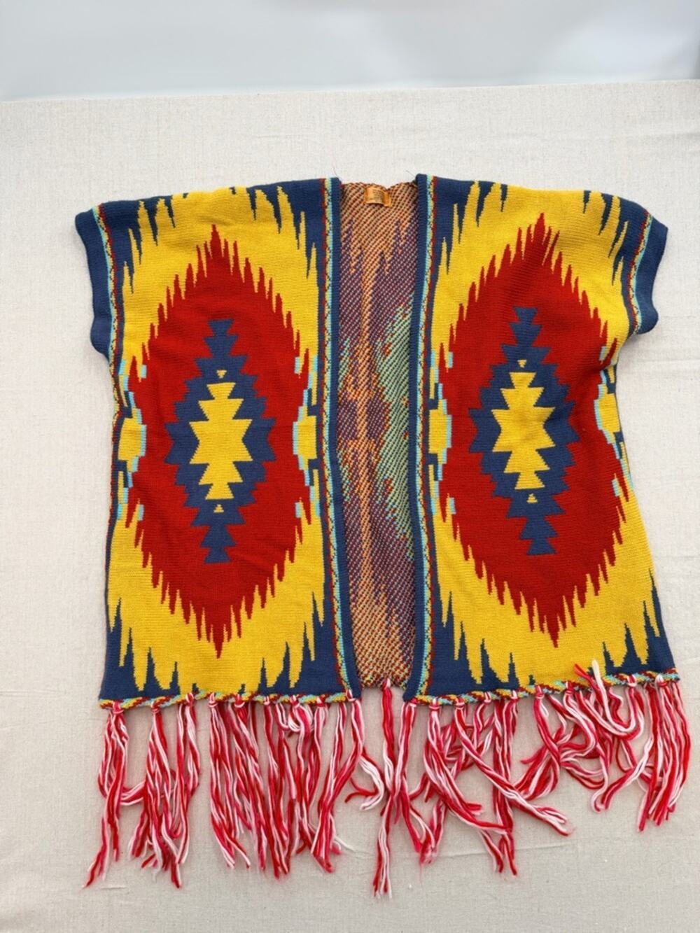 Tribal Pattern Knit Poncho - Yellow & Red